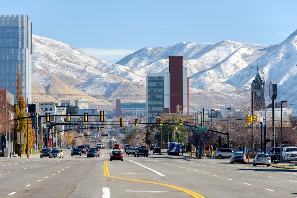 street view of salt lake city with mountains in background